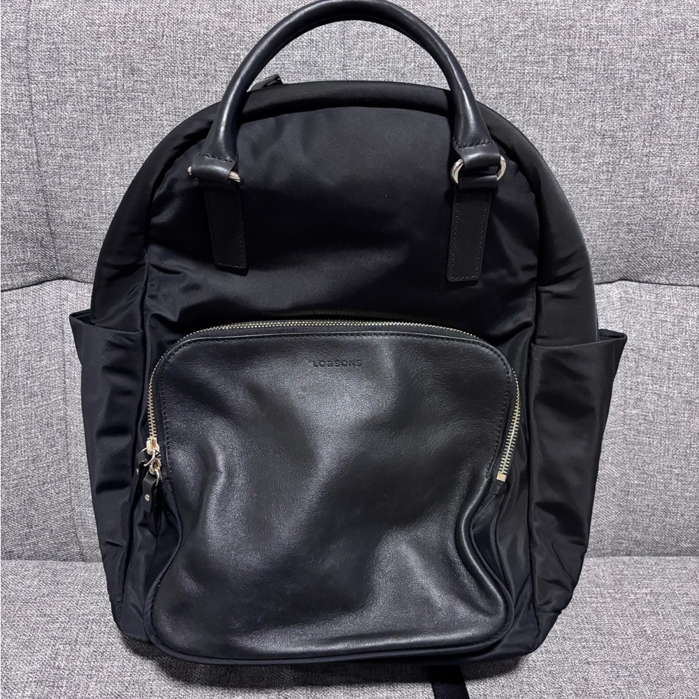 Lo & Sons Black Laptop Backpack with Leather Front & camel interior (16 x 22)